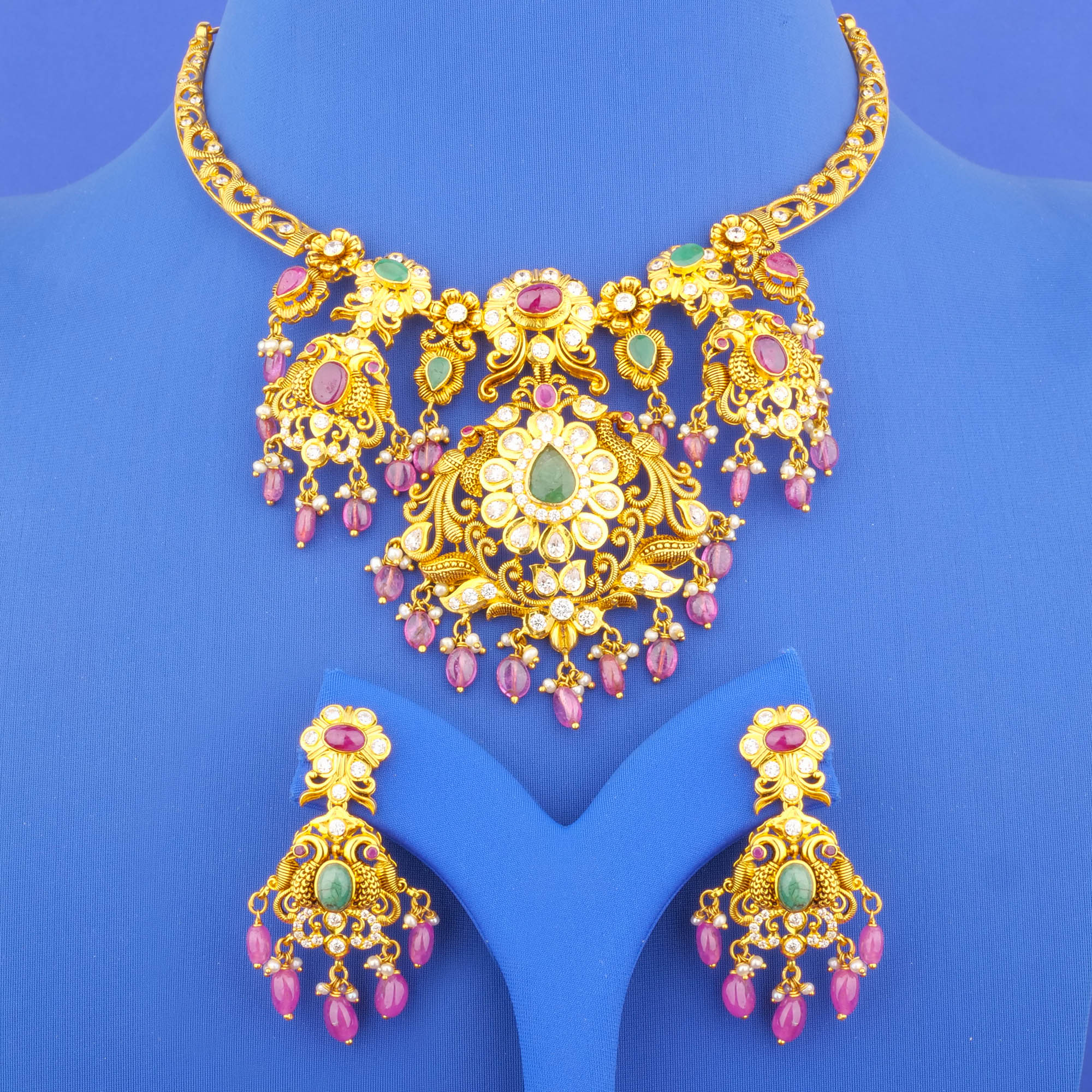 22K 'Antique' Ruby Emerald Cubic Zirconia Pearl Necklace and Earrings Set