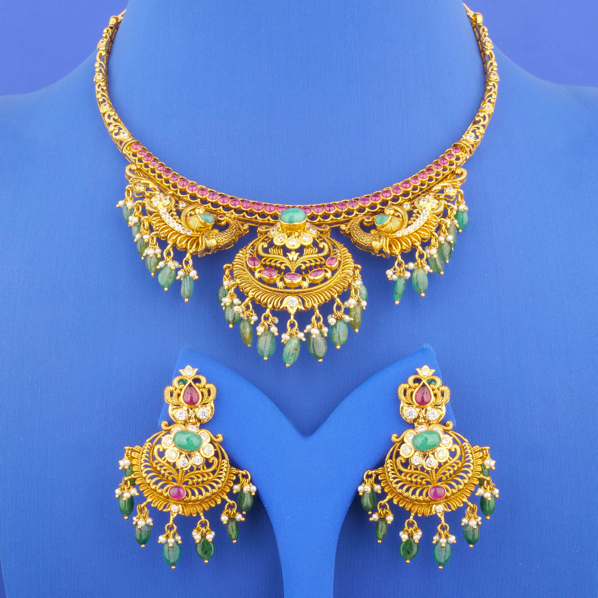 22K 'Antique' Ruby Emerald Cubic Zirconia Pearl Necklace and Earrings Set