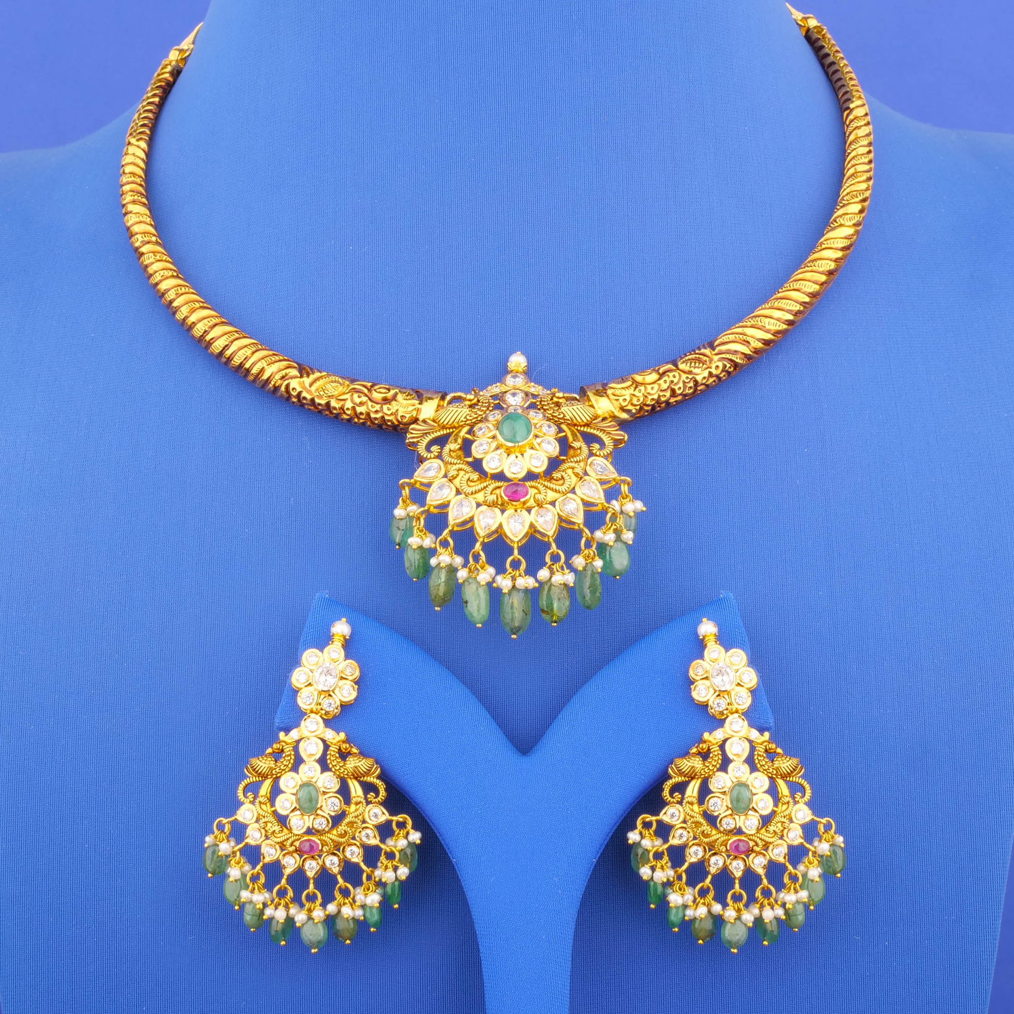 22K 'Antique' Ruby Emerald Cubic Zirconia Pearl Necklace and Earrings Set