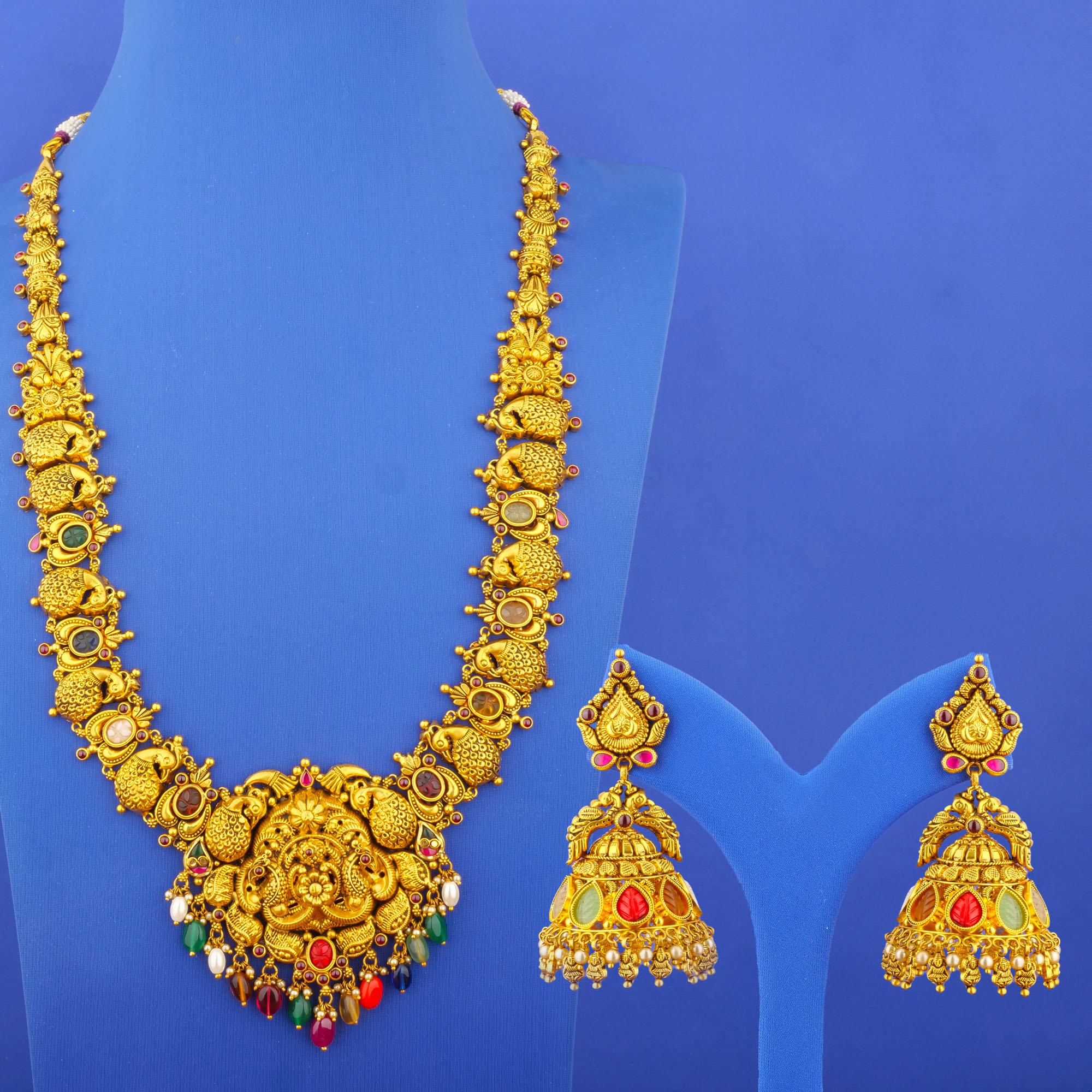Twenty-Two Karat 'Antique' Navratna Necklace and Earrings Set (L)
