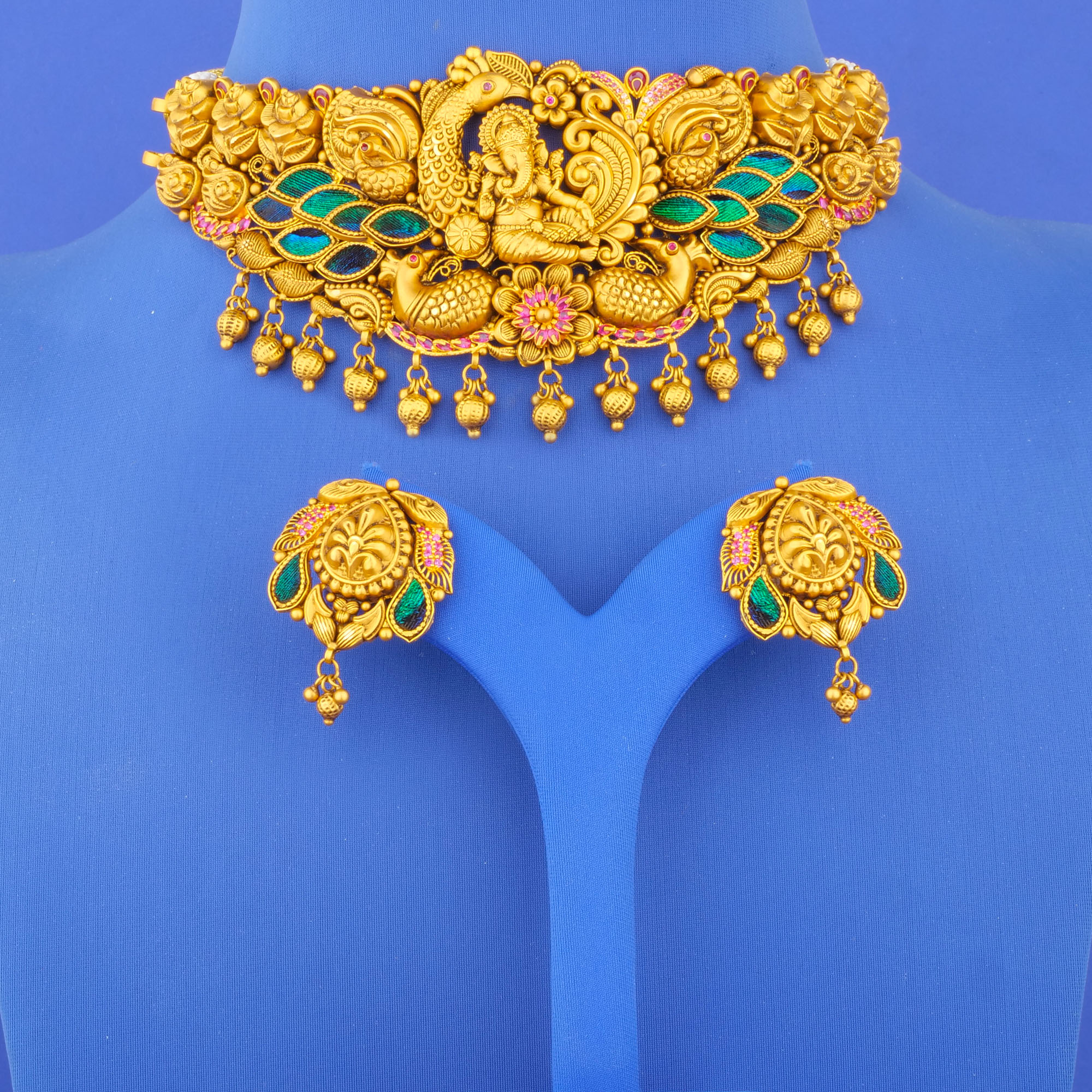 Twenty-Two Karat 'Antique' 'Ganesha' Minakari Cubic Zirconia/Colored Stone Necklace and Earrings Set