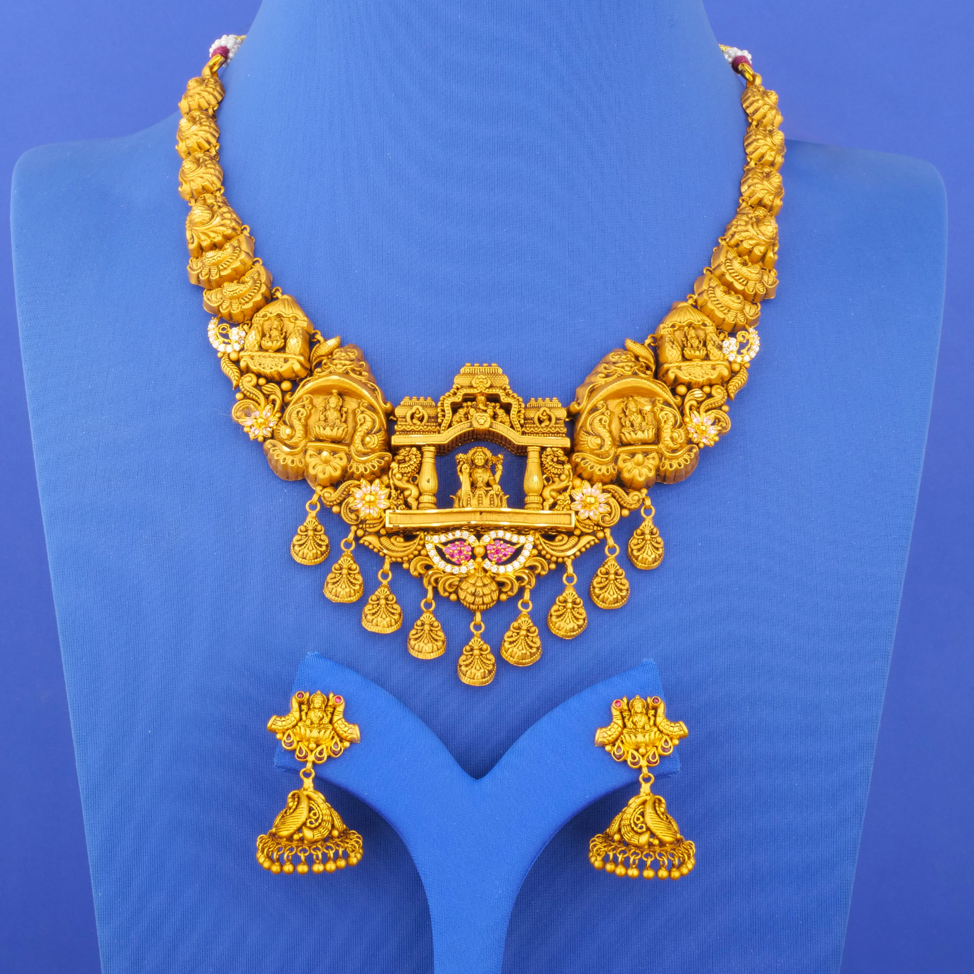 Twenty-Two Karat 'Antique' Cubic Zirconia/Colored Stone Necklace and Earrings Set