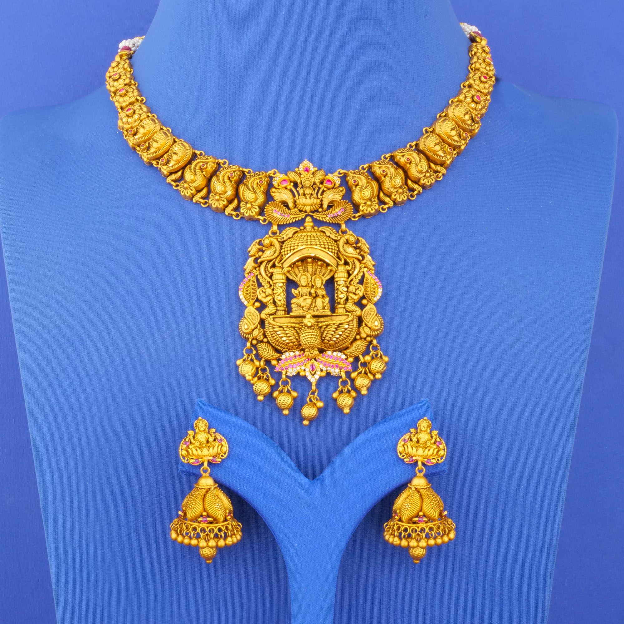 Twenty-Two Karat 'Antique' Cubic Zirconia/Colored Stone Necklace and Earrings Set