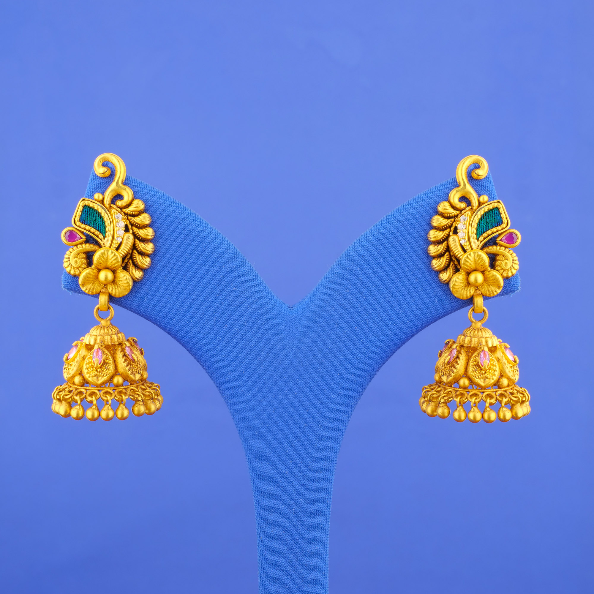 22K 'Antique' Mianakari Cubic Zirconia/Colored Stone Jhumka Earrings