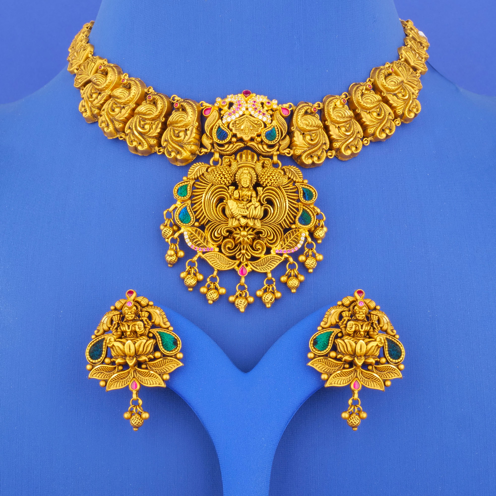 Twenty-Two Karat 'Antique' Minakari Lakshmi Necklace and Earrings Set w/ Cubic Zirconia/Colored Stone