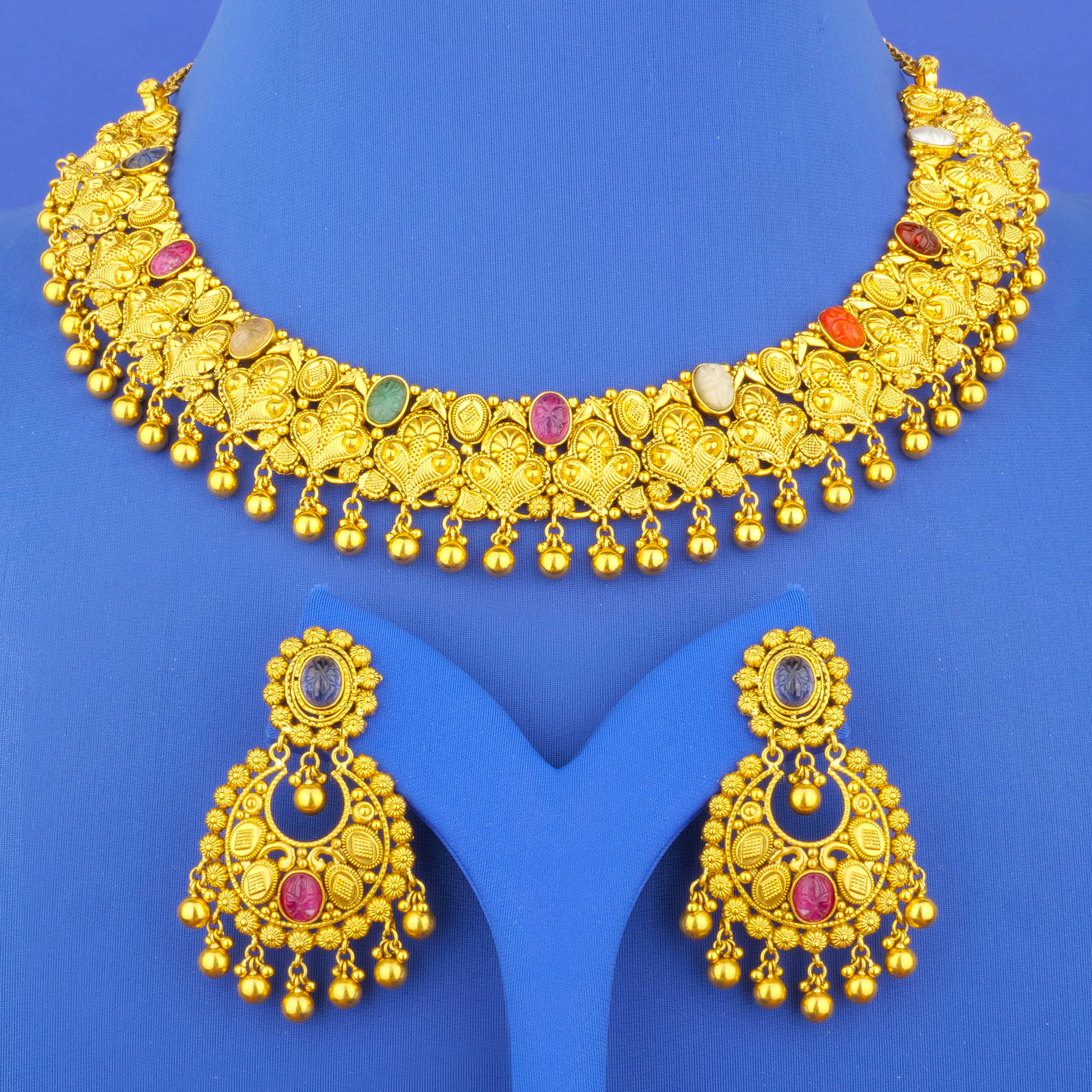 Twenty-Two Karat 'Antique' Navratna Necklace and Earrings Set