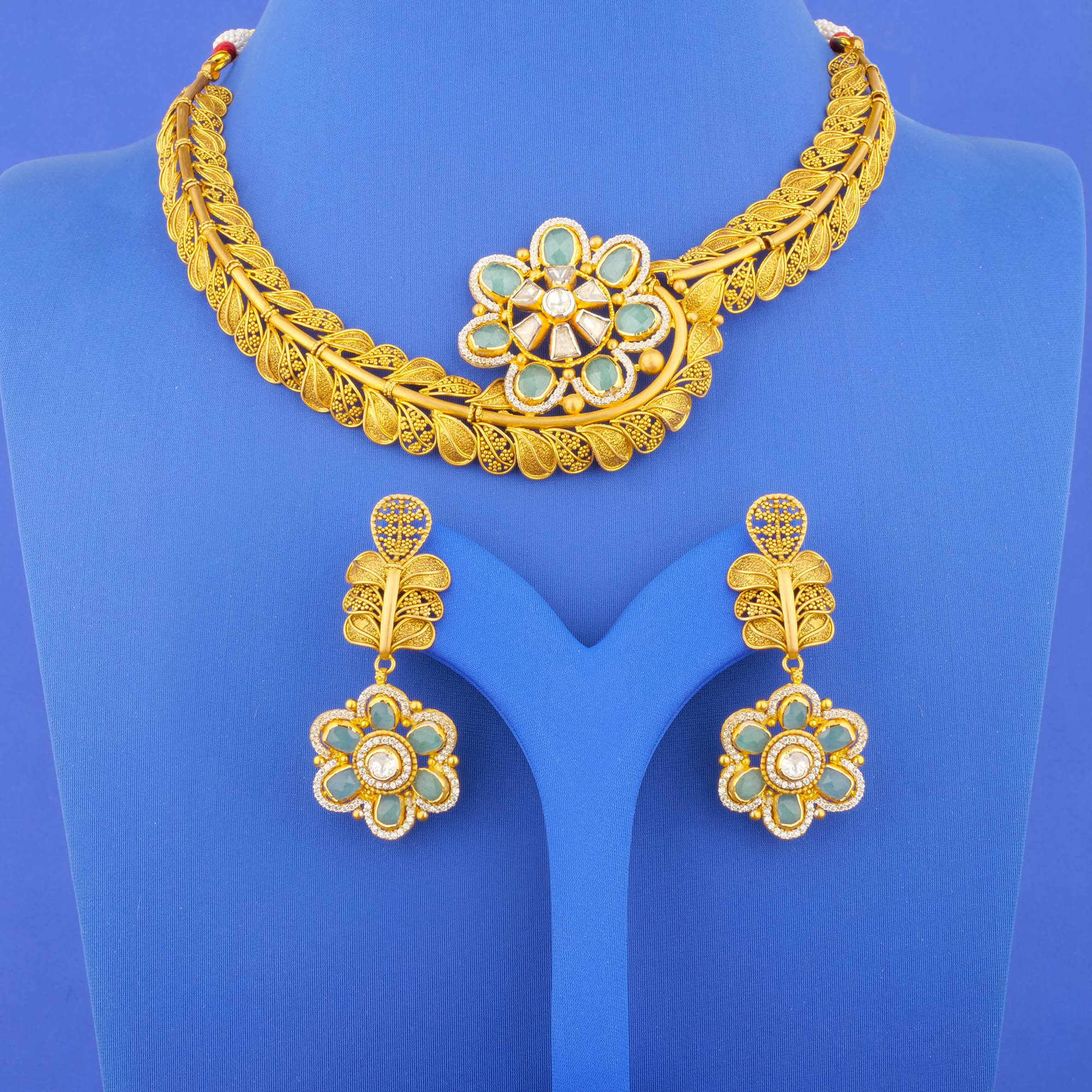 22K 'Antique' Jade Kundan Cubic Zirconia Necklace and Earrings Set