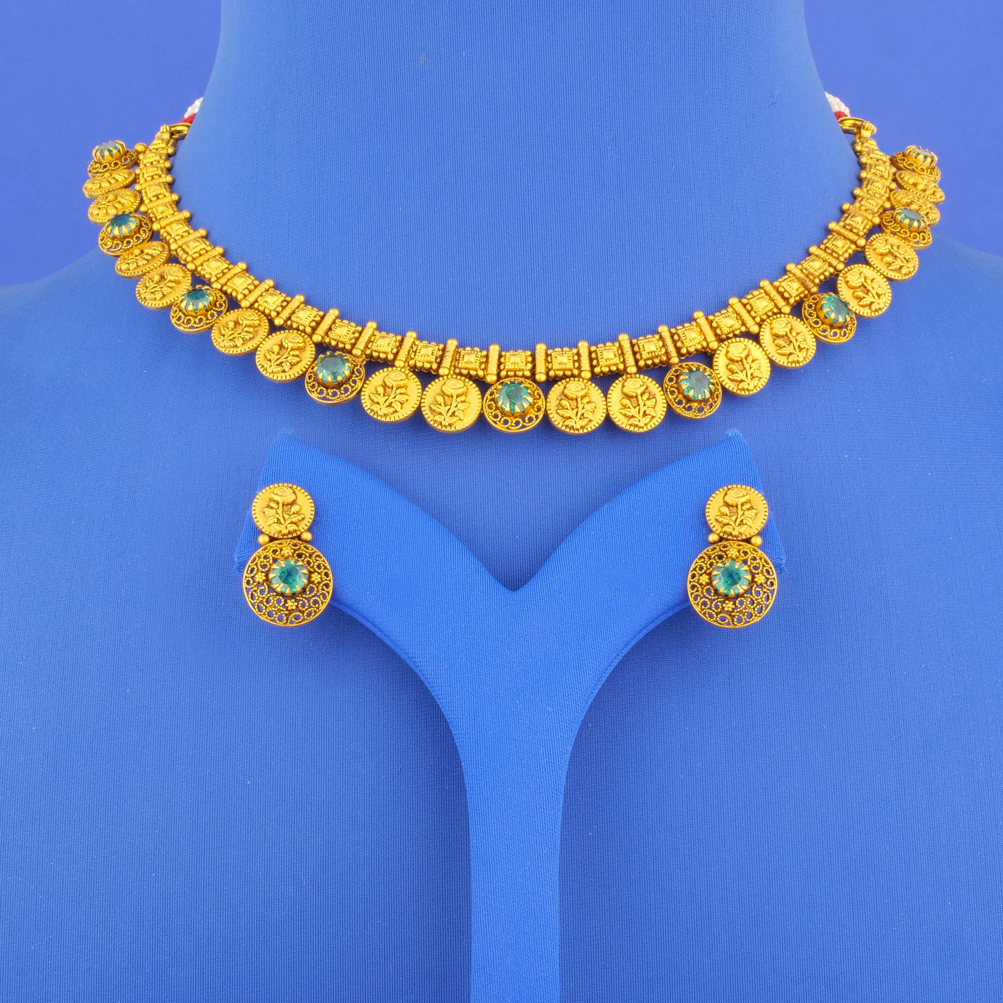 Twenty-Two Karat 'Antique' Emerald Necklace and Earrings Set