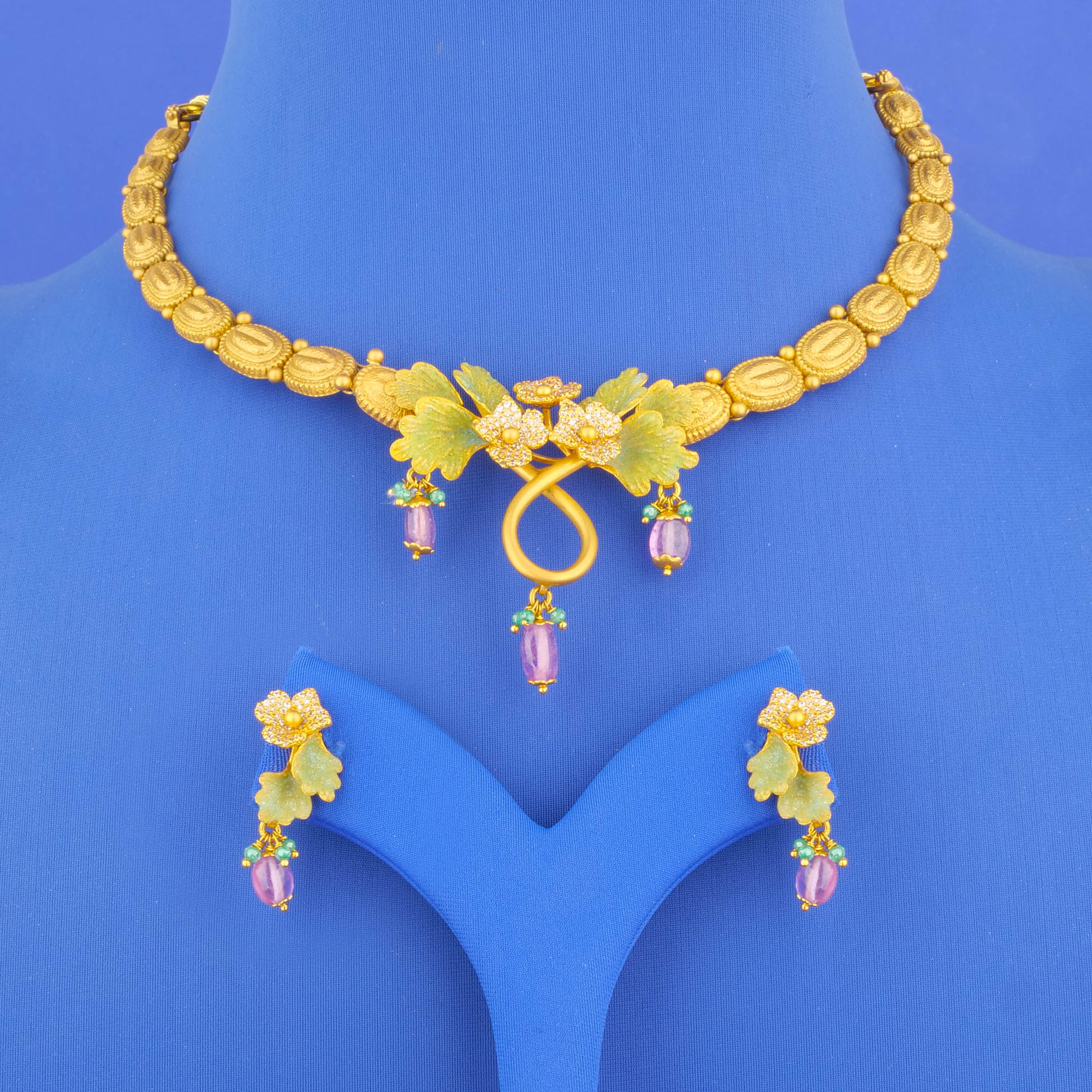 Twenty-Two Karat 'Antique' Minakari Cubic Zirconia Necklace and Earrings Set w/ Stones