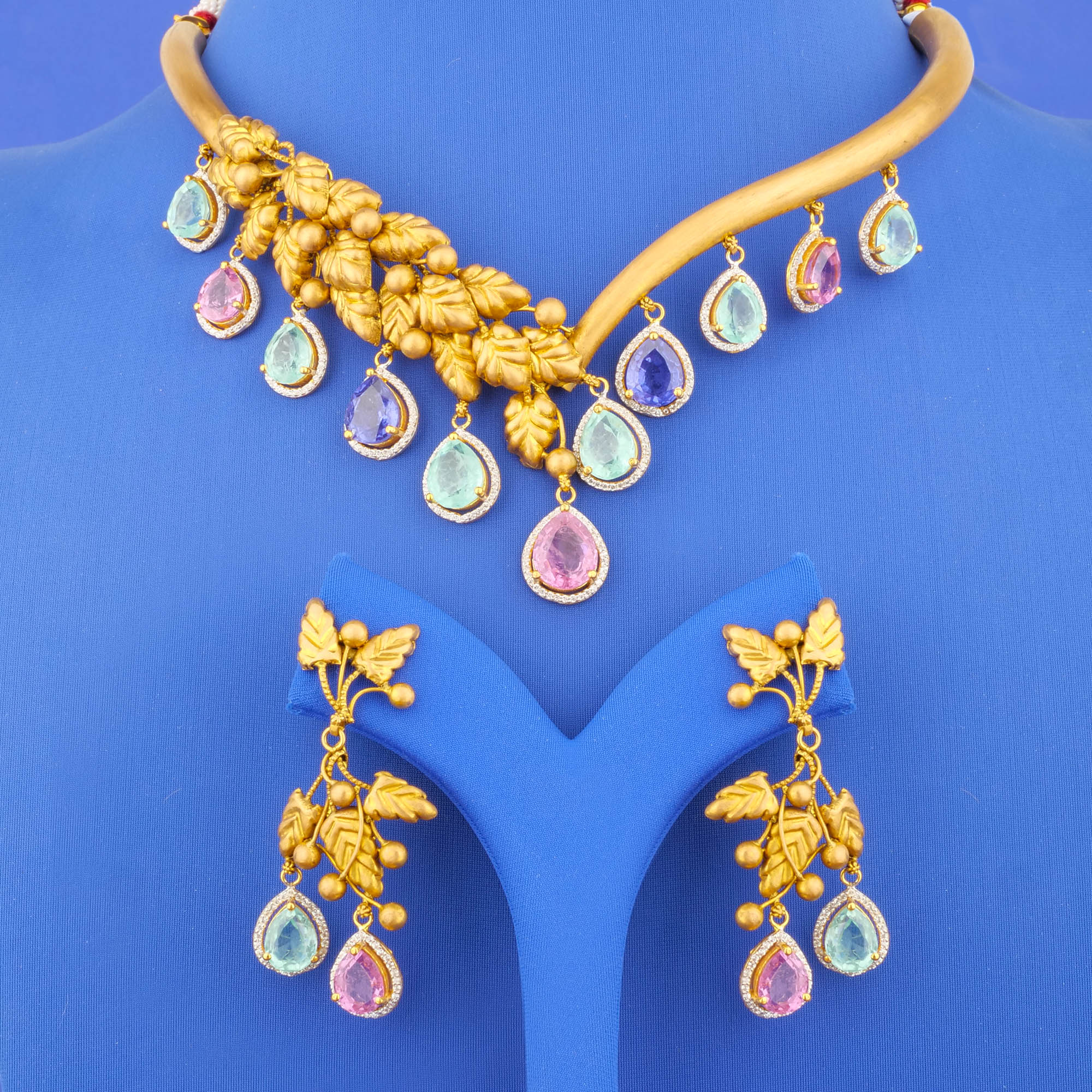 22K 'Antique' Cubic Zirconia/Colored Stone Necklace and Earrings Set