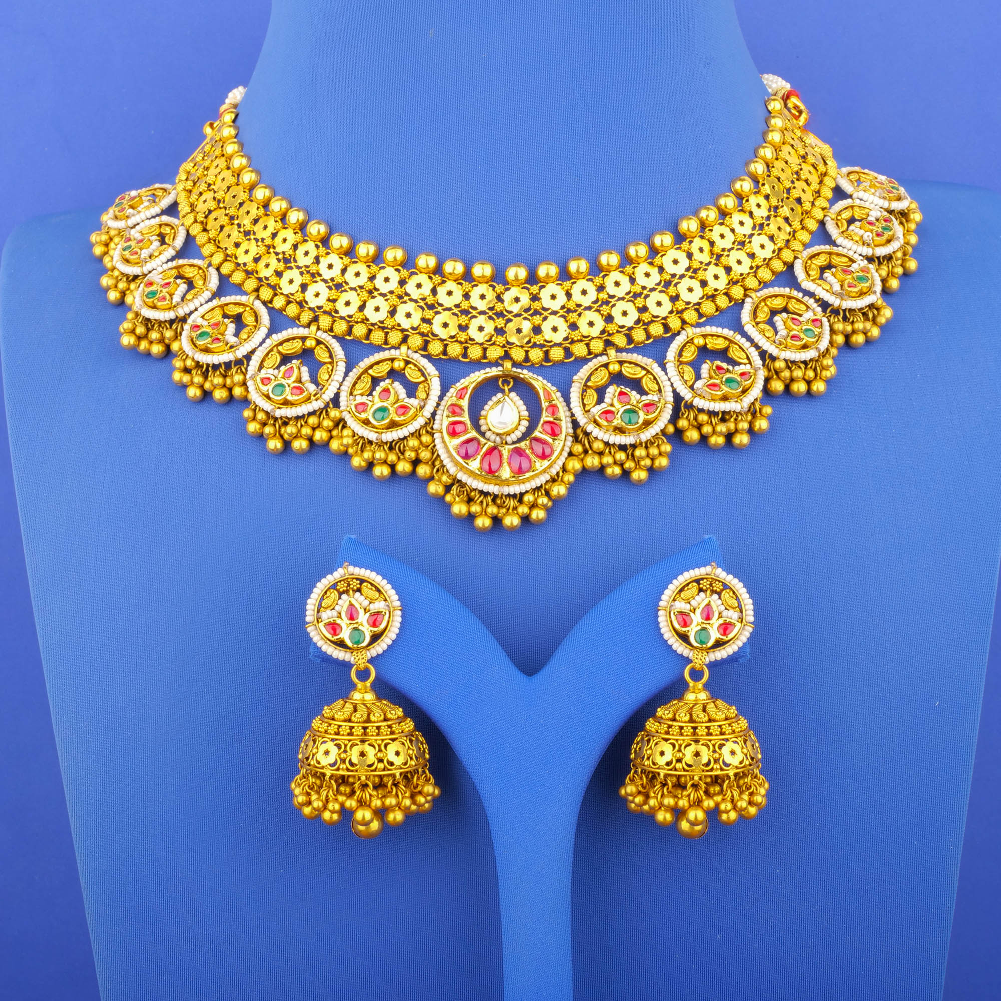 Twenty-Two Karat 'Antique' Kundan Necklace and Earrings Set