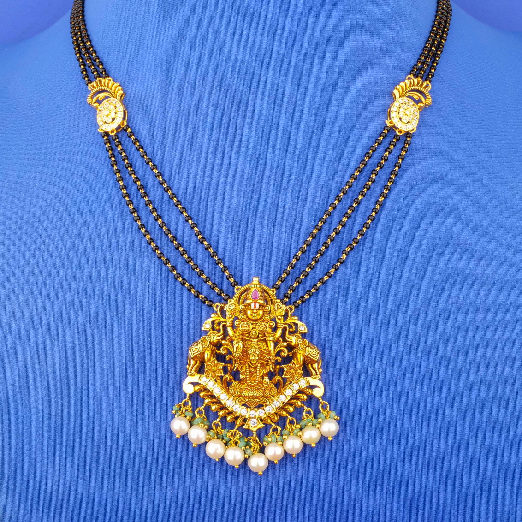 22K 'Antique' Ruby Emerald Cubic Zirconia South Sea Pearl Mangalsutra Necklace