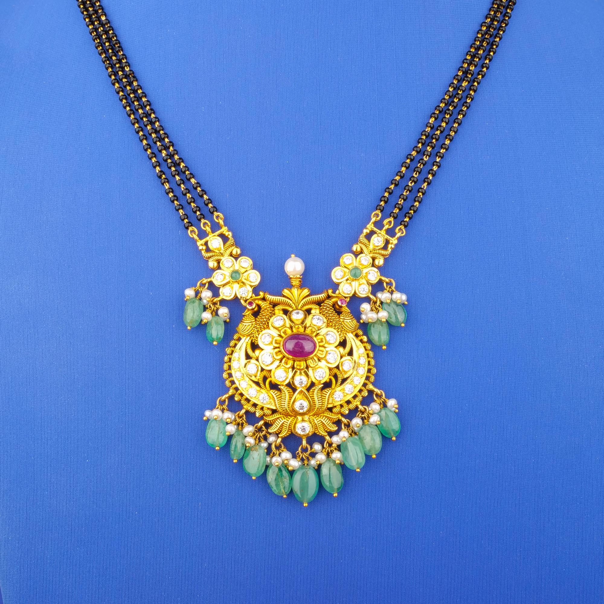 22K 'Antique' Ruby Emerald Cubic Zirconia South Sea Pearl Mangalsutra Necklace