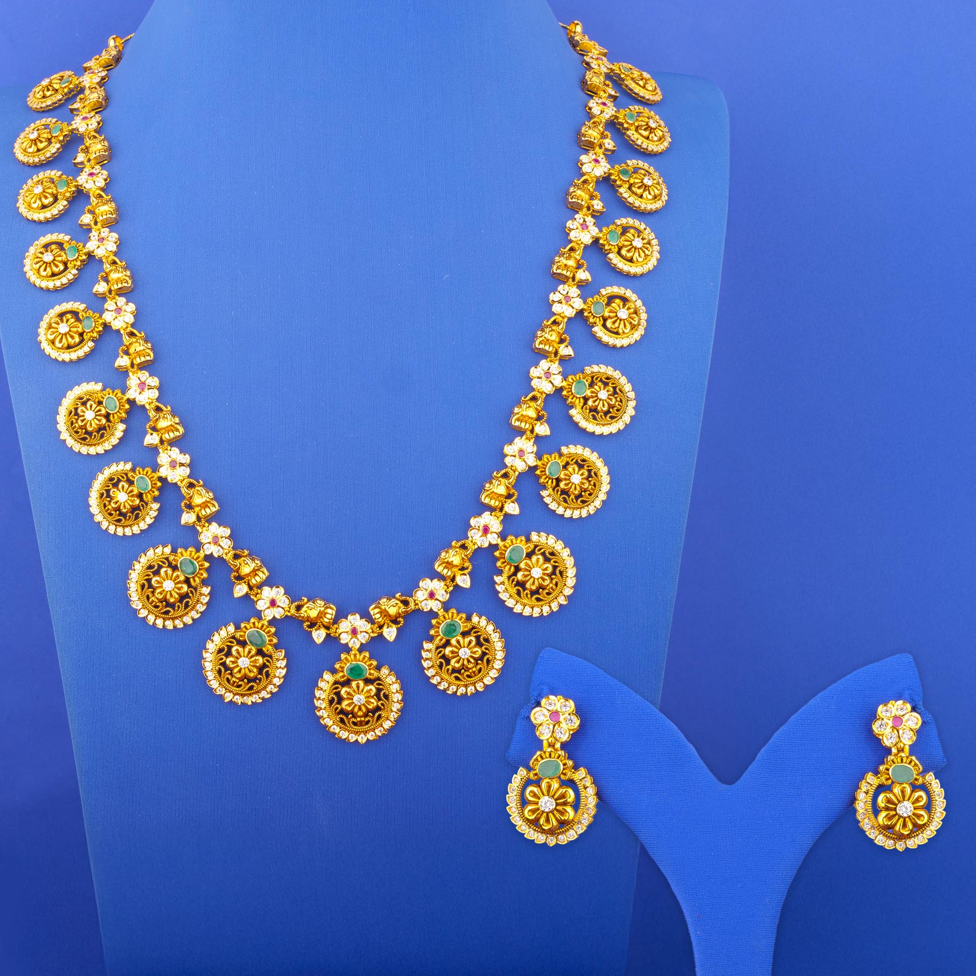 Twenty-Two Karat 'Antique' Ruby Emerald Cubic Zirconia Necklace and Earrings Set