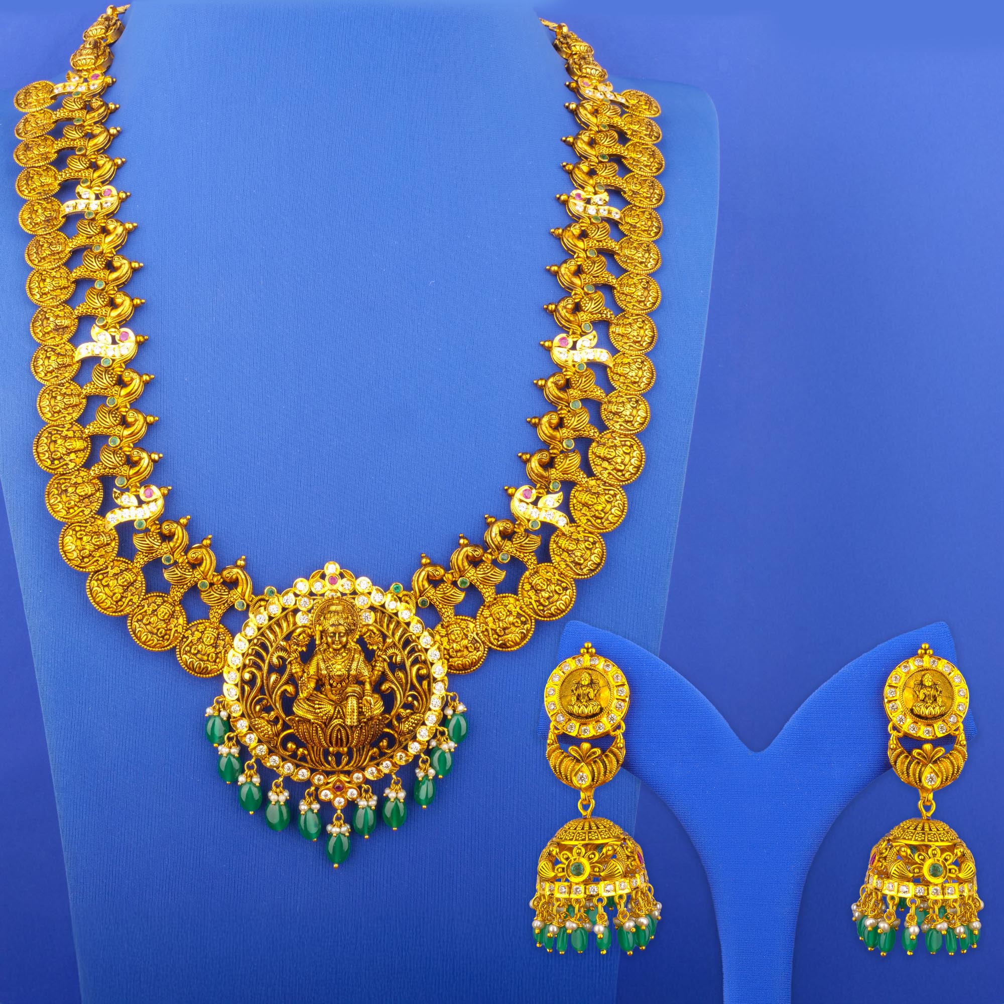 Twenty-Two Karat 'Antique' Ruby Emerald Cubic Zirconia Pearl Necklace and Earrings Set