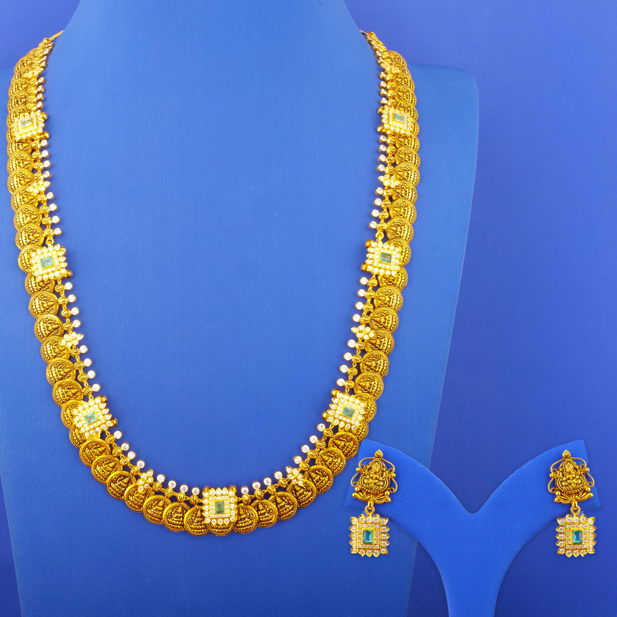 Twenty-Two Karat 'Antique' Emerald Cubic Zirconia Necklace and Earrings Set