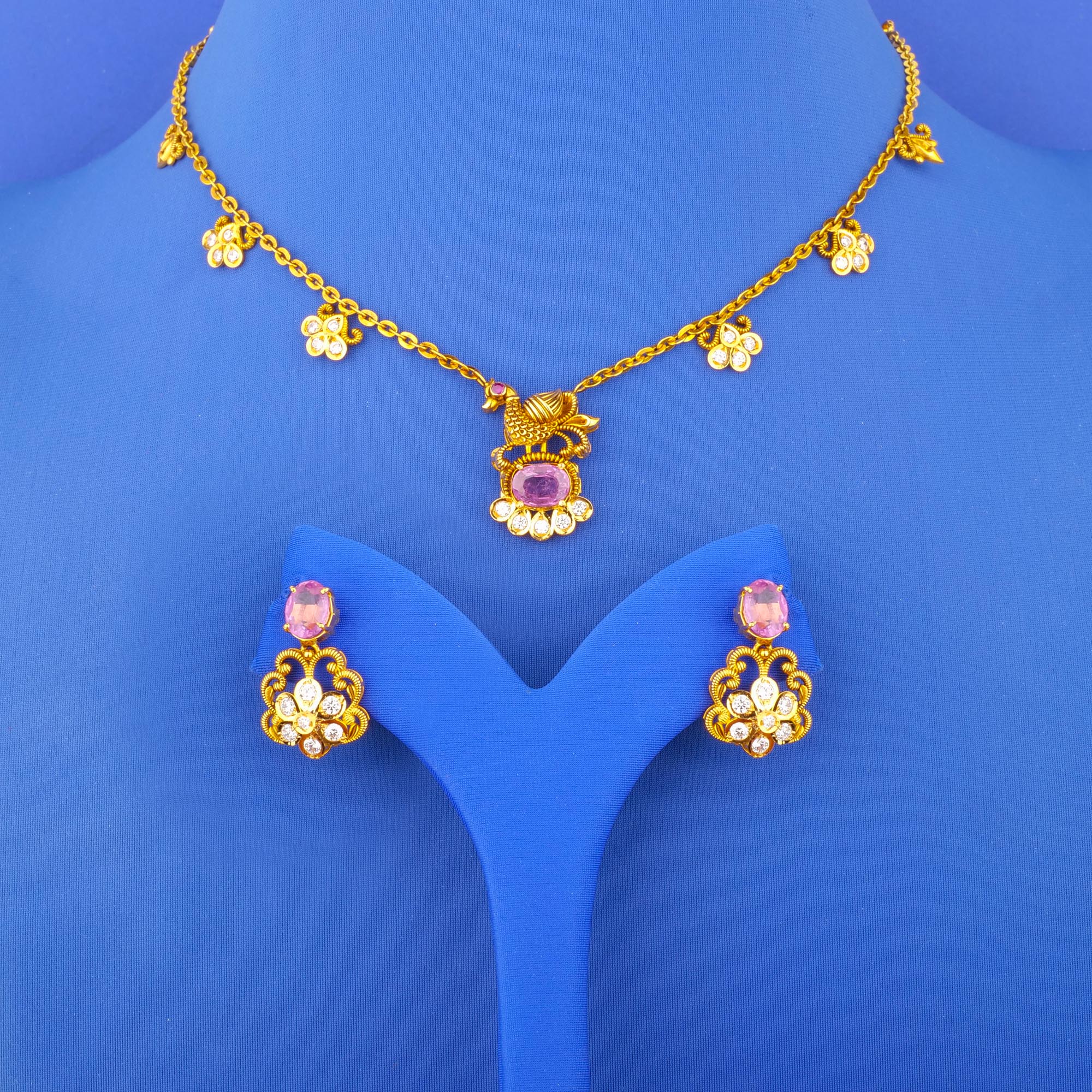 Twenty-Two Karat 'Antique' Tourmaline Cubic Zirconia Necklace and Earrings Set
