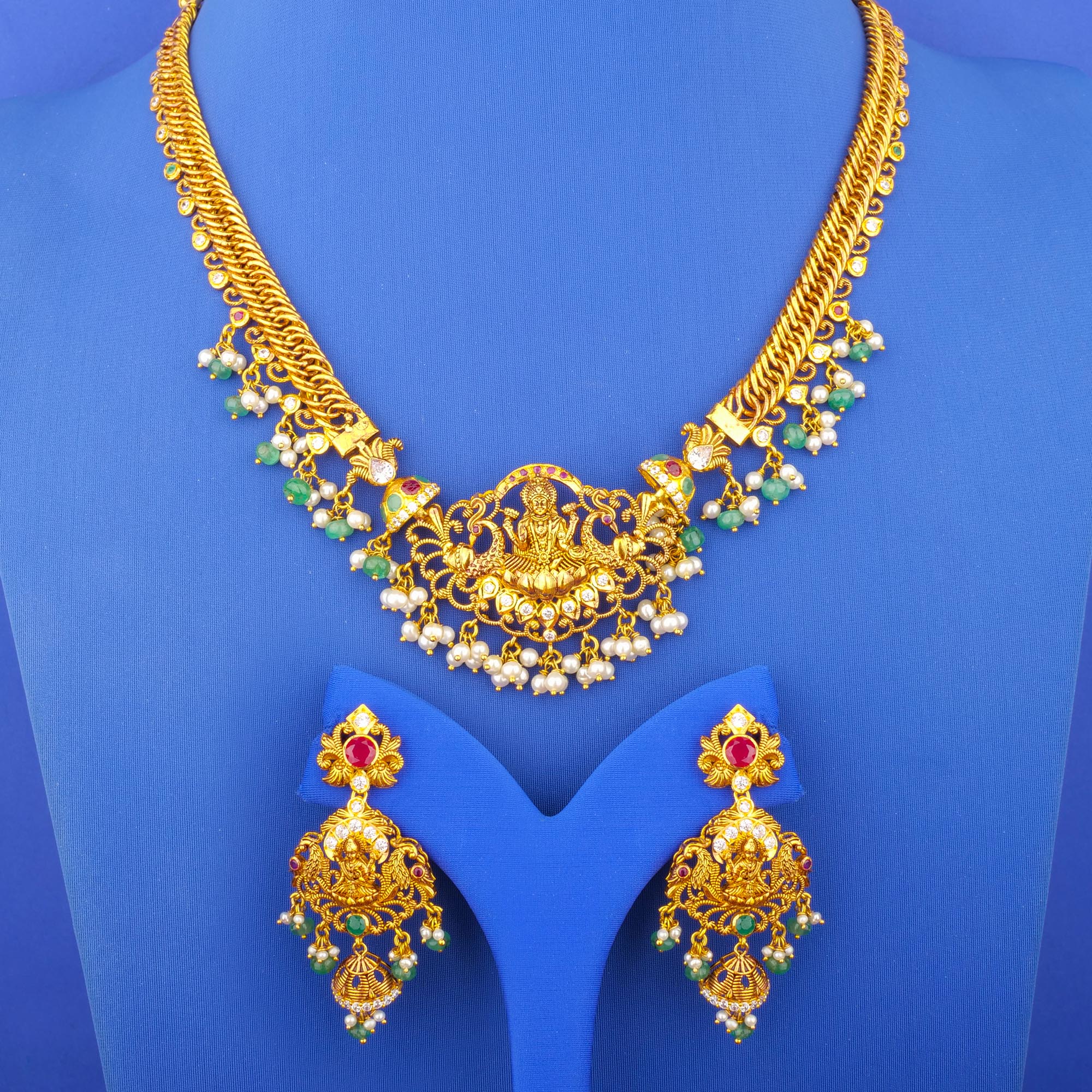 Twenty-Two Karat 'Antique' Ruby Emerald Cubic Zirconia Pearl Necklace and Earrings Set