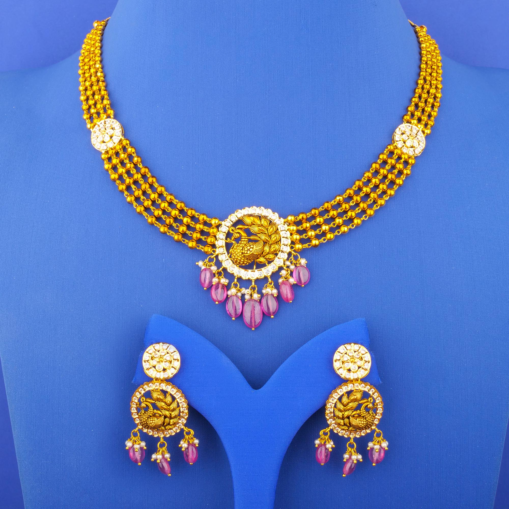 Twenty-Two Karat 'Antique' Ruby Cubic Zirconia Pearl Necklace and Earrings Set