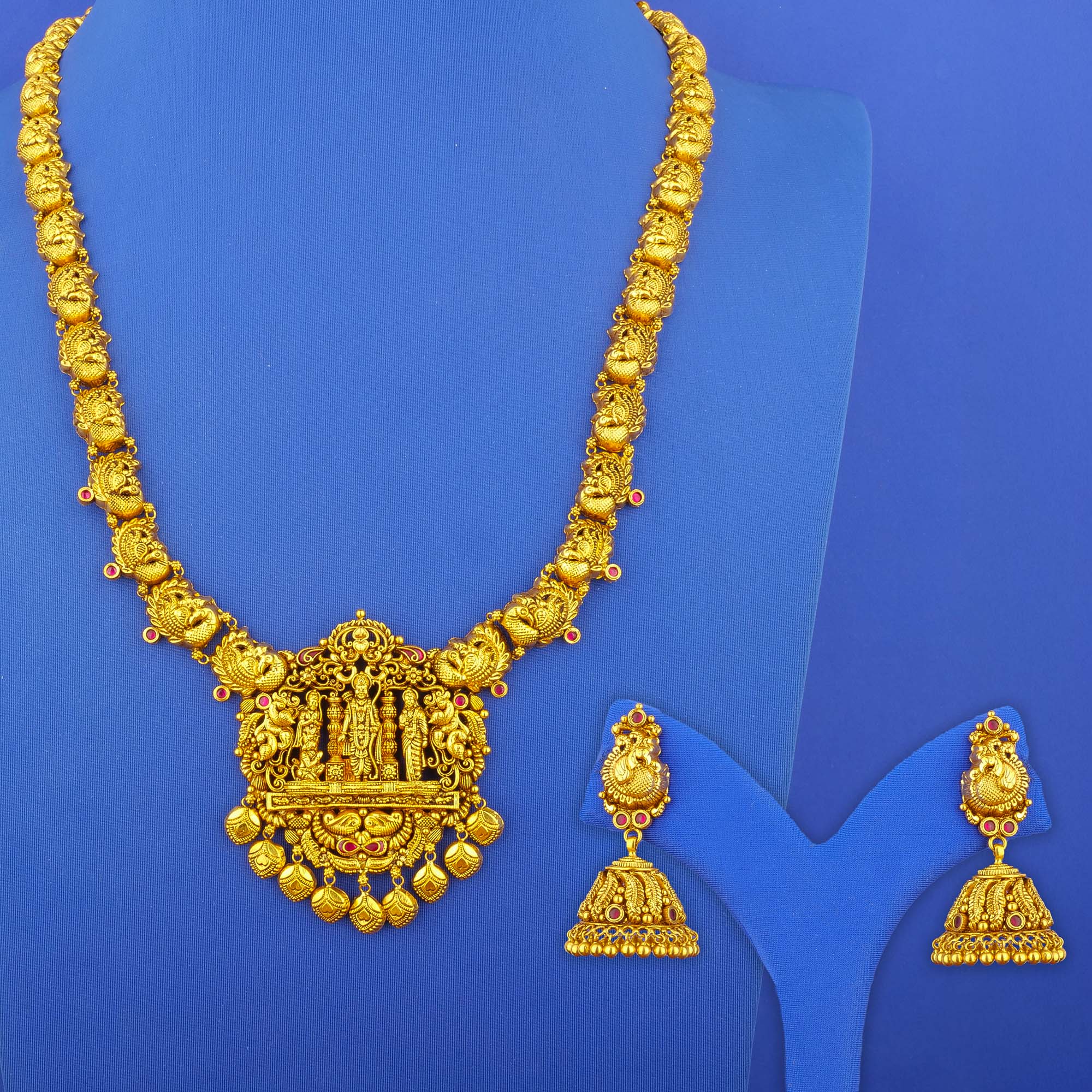 22K 'Antique' Gold 'Ram Parivaar' Necklace and Earrings Set