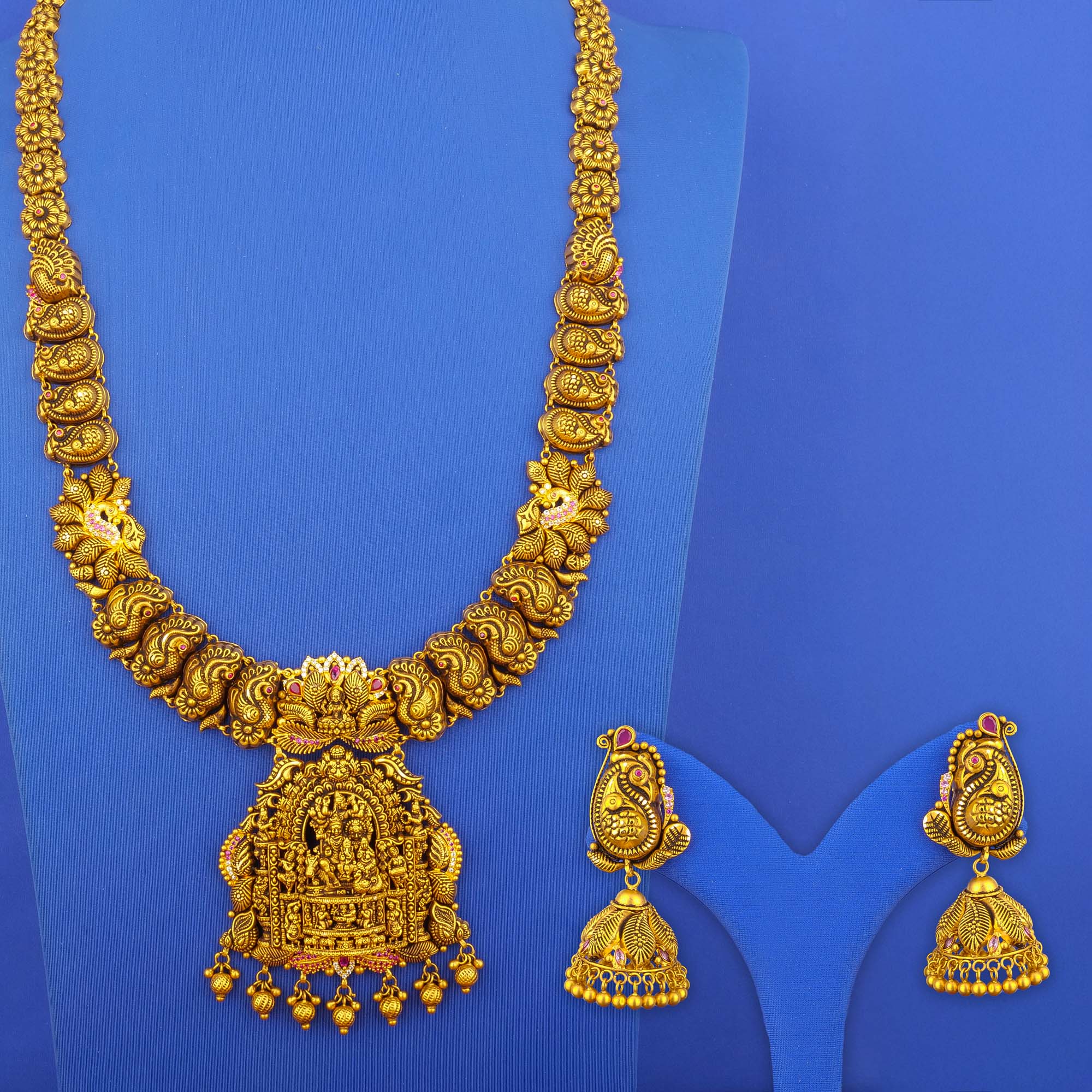 22K 'Antique' Gold 'Ram Parivaar' Necklace and Earrings Set